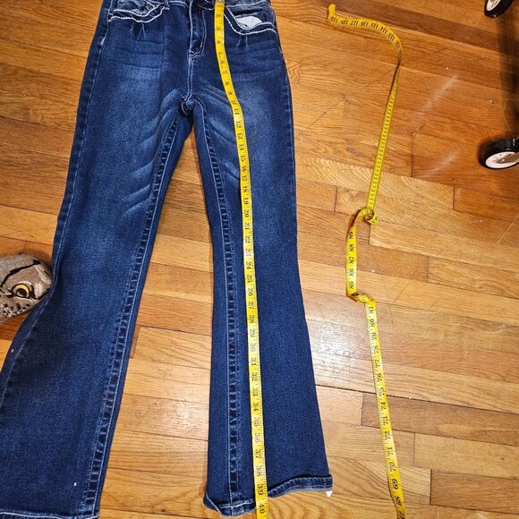 Woman's Bamboo dark wash white stitch embroidered distressed flared mid rise jea - Picture 10 of 11